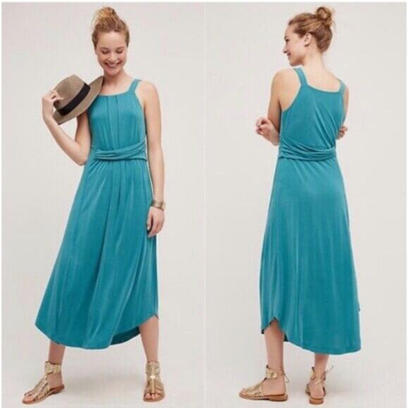 Maeve Anthropologie Dress Women L Azores Teal Blue Midi Boho Casual Coastal - Picture 2 of 11